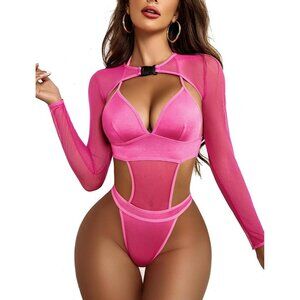 Women Rose Red Festival Lingerie Bodysuit Buckle Shrug Crop Top Set Outfits